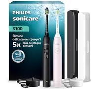 Philips Sonicare série 3100 - Brosse à dents électrique, capteur de pression, 3 intensités, EasyStart, SmarTimer, autonomie 14 j, étui de voyage, pack de 2, noir/rose pâle, HX4072/42, [Nouveau]