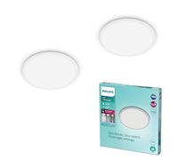 Philips Superslim Plafonnier LED Rond de Salle de Bain (15 W), dimmable, 3 ambiances différentes, Lumière Blanc Froid, IP44, Blanc, 25cm, pack de 2