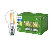 Philips Ultra Efficient LED Bulb, Classe d'efficacité énergétique A, avec douille E27, 60W, transparent, blanc chaud 2700K, 6 packs