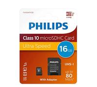 Philips Ultra Speed Carte microSDHC Card 16 Go + Adaptateur SD UHS-I U1, Vitesse de Lecture jusqu'à 80 Mo/s, A1 Fast App Performance, V10, Carte mémoire pour Smartphones, Tablette, PC, vidéo Full HD