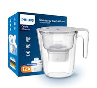 Philips Water Carafe filtrante avec 12 cartouches de remplacement, minuterie électronique, débit rapide, filtre le CHLORE, le CALCAIRE, les MÉTAUX LOURDS et les MICROPLASTIQUES, capacité de 2.6 L