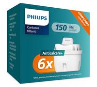Philips Water Cartouches filtrantes de rechange Anticalcaire+, paquet de 6, compatibles Brita, JUSQU’À 50 % DE RÉDUCTION DE LA DURETÉ EN PLUS, réduit chlore, microplastiques et autres contaminants
