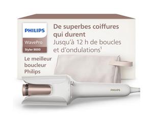 Philips WavePro 9000 - technologie SenseIQ et cylindre réglable pour boucles et ondulations, modelage des mèches à 360° pour un style qui dure, pochette beauté, coloris blanc, modèle BHB968/10