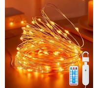 PHILORN Guirlande lumineuse à piles, 10,1 m, 100 LED, fil de cuivre rechargeable avec 8 modes/minuterie/télécommande pour éclairage intérieur, chambre, décoration de mariage, fête, Noël (blanc chaud)