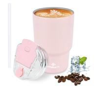 PHILORN Tasse à Café de Voyage, 14OZ/400ml Mug de Voyage Isotherme à Double Paroi, Avec Couvercle et Paille, Réutilisable Mug Café pour Boissons Chaudes et Froides (Rose)