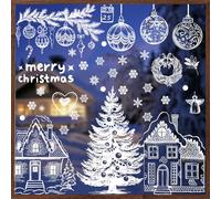 PHISGNIO Fenêtre Stickers de Noël, 9 Feuilles, PVC 3D Amovible, pour Décorations de Fêtes, Intérieur/Extérieur, Traditionnel, Blanc, Étoiles, Sapins, Flocons de Neige, Maisons