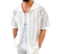 PHJTOMK Hommes Crochet Creux Chemise Casual Perspective Vacances Plage Chemise Perspective Hommes Bouton Chemise (Blanc,Grand)