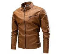 PHJTOMK Veste de moto décontractée à col montant avec fermeture éclair pour homme - En cuir synthétique - Coupe-vent, marron, L