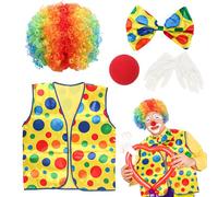 Phlognfy Costume de clown pour adulte, costume de clown de cirque, avec perruque, nez, gants, cravate, gilet, pour Halloween, carnaval, cirque, accessoire de fête