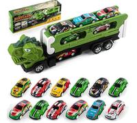 Phlognfy Dinosaure Transport Truck Jouet Voitures, avec 12 Petites Voitures en Tôle, Circuit de Course de Dinosaures, Set 2 en 1 Jouet pour Garçons âgés de 3, 4, 5, 6 et 7 Ans