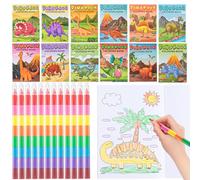 Phlognfy Set de Livres de Coloriage de Dinosaures, 12 Mini-livres Coloriage Enfants + 12 Crayons Cire Empilables (8 couleurs en 1), Cadeau Fête Dinosaure, pour Filles Garçons Dino Anniversaire Enfant