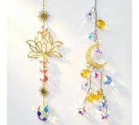 PHMING 2 Pièces Dorées Sun Catcher, Réfléchissant Sonnenfänger Fensterdeko | Suspendu Suncatcher, Attrape-lumière en Lune et Lotus avec Cristal, pour Fenêtres, Maison, Jardin et Décoration de Mariage