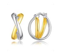 PHNIBIRD Anneau Boucle d'Oreille Bicolore Forme X Creole Argent 925 16mm | Hypoallergénique, sans Plomb ni Nickel, Léger et Confortable, Simple Tendance, Polyvalent pour le Quotidien, Cadeaux Unisexe
