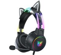 PHNIXGAM Casque de jeu avec oreilles de chat avec microphone, casque léger de 3,5 mm avec cadre en aluminium RVB, son surround, compatible avec PS4, PS5, Xbox One, adaptateur non inclus, noir