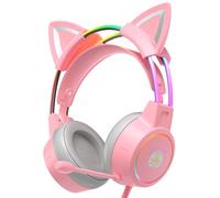 PHNIXGAM Casque de jeu avec oreilles de chat avec microphone, casque léger de 3,5 mm avec cadre en aluminium RVB, son surround, compatible avec PS4, PS5, Xbox One, adaptateur non fourni, pour PC et