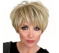 PHOCAS Perruques courtes blondes, coupe pixie naturelle raide, cheveux synthétiques dégradés, perruque courte pour femme (blond mélangé marron)