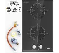 Phönix Domino-WGL Table de cuisson à gaz pour camping-car, verre Cuisinière à gaz encastrable 2 feux, propane/gaz naturel + kit