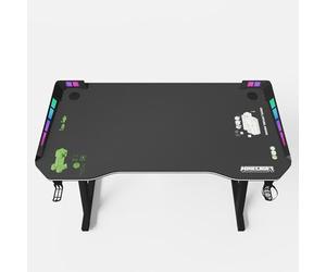 phoenix group AG Minecraft - Bureau Gaming avec LED, Support Casque & Gobelet, Pieds en Z Métal, Passe-Câbles, Plateau Style Carbone - Table Gamer Officielle, 120x74x60