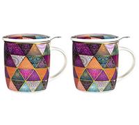 Phoenix Import Lot de 2 tasses dans une boîte cadeau MUG 400 CC, couvercle et infuseur Inox - Chine Bone China (Mandala Multicolore) 66