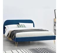 CONCEPT USINE - Lit Phoenix Double en Velours Bleu avec Sommier à Lattes 2 Places Intégrés - Couchage 160 x 200 cm - Cadre de Lit Scandinave Tendance 2 Personnes - Pieds Épingles Laiton