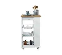 Phoenix Nizza - Desserte de Cuisine roulante avec Plateau en Bambou, tiroir, Panier métal & Porte-Bouteilles - Style Campagne Blanc - 50x86x37 cm