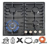 Phönix PE-603T Réchaud à gaz encastrable à 4 feux Noir émaillé, propane/gaz naturel avec embout wok en fonte et accessoires