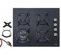 Phönix PG-604ST Plaque de cuisson à gaz encastrable 4 feux en verre + kit de régulateur de tuyau de gaz + embout wok + croix de cuisinière