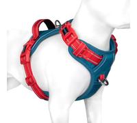 PHOEPET Harnais Anti-Traction réfléchissant, réglable, avec poignée de Dressage Souple et Attaches métalliques, pour Chiens de Petite, Moyenne et Grande Taille (Base Bleu Sarcelle, Sangles Rouges, L)