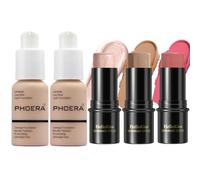 PHOERA Fond de teint, 3 Pcs Kit de maquillage crème contour stick, nuances avec Highlighter & Bronzer & Blush (102+102+ Fair-Light Contour/Nude +Nude+#03,#09,#12)
