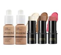 PHOERA Fond de teint, 3 Pcs Kit de maquillage crème contour stick, nuances avec Highlighter & Bronzer & Blush (104+105+Medium Contour/Buff Beige+Sand+#04,#07,#14)