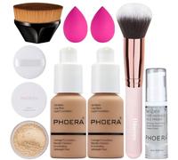 PHOERA Fond de Teint Couvrant Et Face Primer Liquide Couverture Complète Foundation Correcteur,PHOERA Poudres,Pinceaux Fond de Teint Et Pinceau Poudre (2 PCS 105- Sand)