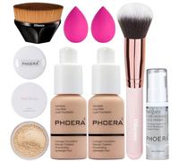 PHOERA Fond de Teint Couvrant Et Face Primer Liquide Couverture Complète Foundation Correcteur,PHOERA Poudres,Pinceaux Fond de Teint Et Pinceau Poudre(2 PCS 103- Warm peach)