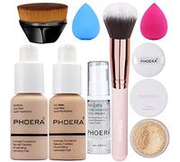 PHOERA Fond de Teint Couvrant Et Face Primer Liquide Couverture Complète Foundation Correcteur,PHOERA Poudres,Pinceaux Fond de Teint Et Pinceau Poudre (102 Nude + 104 Buff Beige)