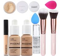 PHOERA Fond de Teint Couvrant Et Face Primer Liquide Couverture Complète Foundation PHOERA Correcteur,PHOERA Poudres,Pinceaux Fond de Teint Et Pinceau Poudre (2 PCS 101- Porcelain)