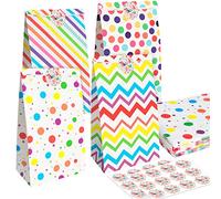 PHOGARY 20 PCS Sachet Bonbons Anniversaire, Petit Sac Cadeau Kraft pour Enfant, Sac Papier Points et Rayures Colorée avec 24 Autocollants Mignons pour Anniversaire Enfant Fêtes Mariage Noël