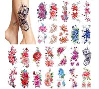PHOGARY 24 pièces Femmes Tatouages Temporaires (Grandes Fleurs), Autocollants de Faux Tatouage de Couleur Vive, Autocollant étanche Body Art pour Filles Bras Jambes Epaule Dos