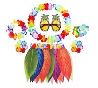 PHOGARY 7 Pièces Jupe de Hula Kit d'accessoires de Costume Jupe Hawaienne pour Hawaii Luau Party avec Hawaïen lei, Pince à Cheveux en Hibiscus, Lunettes de Soleil Multicolore