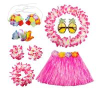 PHOGARY 8 Pièces Jupe de Hula Kit d'accessoires de Costume Jupe Hawaienne pour Hawaii Luau Party avec Hawaïen lei, Pince à Cheveux en Hibiscus, Lunettes de Soleil, Rose