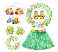 PHOGARY 8 Pièces Jupe de Hula Kit d'accessoires de Costume Jupe Hawaienne pour Hawaii Luau Party avec Hawaïen lei, Pince à Cheveux en Hibiscus, Lunettes de Soleil, Vert