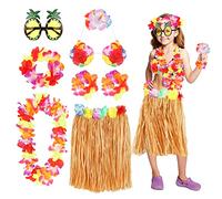 PHOGARY 8 Pièces Jupe de Hula Kit d'accessoires de Costume Jupe Hawaienne pour Hawaii Luau Party avec Hawaïen lei, Pince à Cheveux en Hibiscus, Lunettes de Soleil