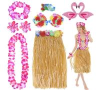 PHOGARY 8PCS Jupe de Hula Kit d'accessoires de Costume pour Hawaii Luau Party, 80 cm Danse Hula, Fleur Bikini, Hawaïen lei, Pince à cheveux en Hibiscus, Lunettes de Soleil (Flamant)
