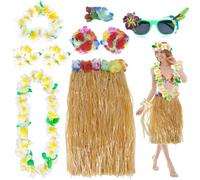 PHOGARY 8PCS Jupe de Hula Kit d'accessoires de Costume pour Hawaii Luau Party, 80 cm Danse Hula, Fleur Bikini, Hawaïen lei, Pince à cheveux en Hibiscus, Lunettes de Soleil (Perroquet)