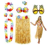 PHOGARY 8PCS Jupe de hula Kit d'accessoires de costume pour Hawaii Luau Party - Danse Hula avec Fleur Bikini, Hawaïen lei, Pince à cheveux en hibiscus, lunettes de soleil (Jaune Taille Unique)