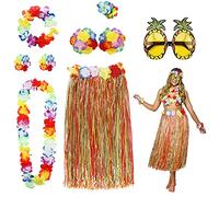 PHOGARY 8PCS Jupe de Hula Kit d'accessoires de Costume pour Hawaii Luau Party - Danse Hula avec Fleur Bikini, Hawaïen lei, Pince à Cheveux en Hibiscus, Lunettes de Soleil (Coloré)
