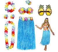 PHOGARY 8PCS Jupe de Hula Kit d'accessoires de Costume pour Hawaii Luau Party - Danse Hula avec Fleur Bikini, Hawaïen lei, Pince à Cheveux en Hibiscus, Lunettes de Soleil (Bleu)