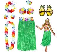 PHOGARY 8PCS Jupe de Hula Kit d'accessoires de Costume pour Hawaii Luau Party - Danse Hula avec Fleur Bikini, Hawaïen lei, Pince à Cheveux en Hibiscus, Lunettes de Soleil (Vert)