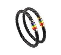 PHOGARY Bracelet De Fierté Gay LGBT Arc-en-Bracelet (2 Packs), Couple Bracelet en Cuir Noir Hommes Bracelet De Femmes avec Arc-en-Ciel Rayé en Acier Inoxydable Fermoir Magnétique 22cm
