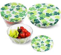 PHOGARY Couvercles réutilisables écologiques pour récipients alimentaires - 3 couvercles en tissu réglables imperméables pour saladier en verre, bocal, melons, bord élastique, feuilles vertes A