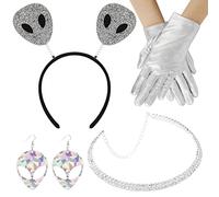 PHOGARY Ensemble de Costumes Extraterrestres 4 Pièces, Y Compris Bandeau Extraterrestre Collier de Boucles d'Oreilles Extraterrestres et Gants pour Femmes Cosplay de Carnaval de Fête Extraterrestre