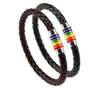 PHOGARY Gay Pride Bracelet arc-en-ciel (noir + marron), bracelet de couple en cuir pour homme et femme avec fermoir magnétique en acier inoxydable à rayures arc-en-ciel, Acier inoxydable Simili cuir